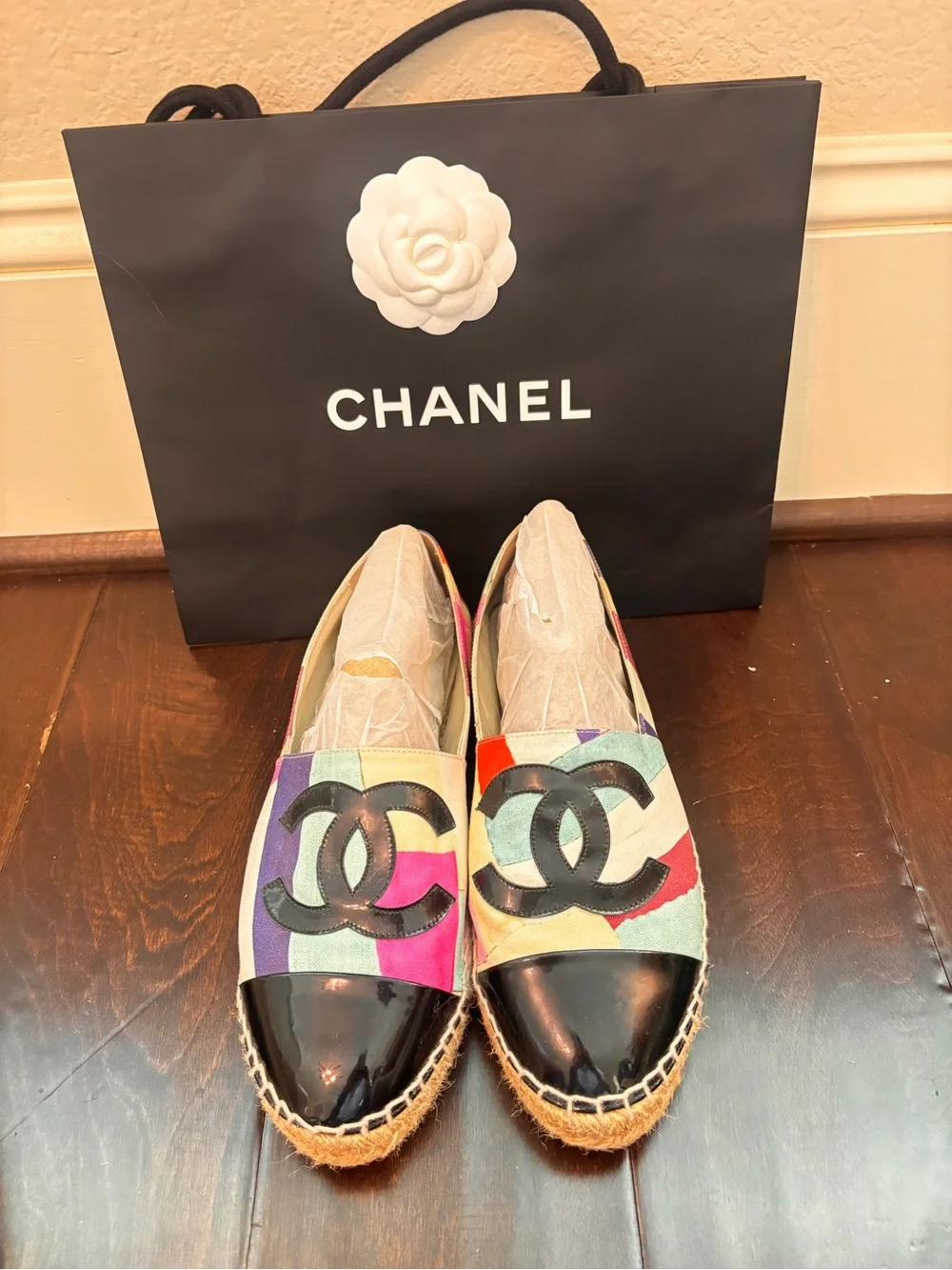 CHANEL Multicolor Canvas Espadrilles with Black Patent Cap
